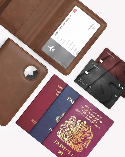 AirTag Enabled Passport Holder With RFID Protection, Leather Passport Wallet For Men, Anti Lost Waterproof Travel Case With Airtag Slot, Durable Brown Travel Accessory with passports and cards