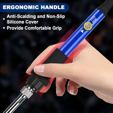 Close-up of blue 60W Pro Grade Soldering Gun Kit With 9 In 1 System held in hand, featuring ergonomic silicone handle cover.
