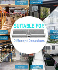 Sixty Inch High Velocity Air Curtain For Doors That Chases Pesky Flies With Straight Up Powerful 1530 Cfm Flow shown in various settings.