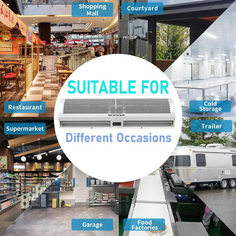 Sixty Inch High Velocity Air Curtain For Doors That Chases Pesky Flies With Straight Up Powerful 1530 Cfm Flow shown in various settings.