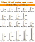 Variety of SAE self-tapping wood screws with different sizes and quantities labeled in a grid layout.