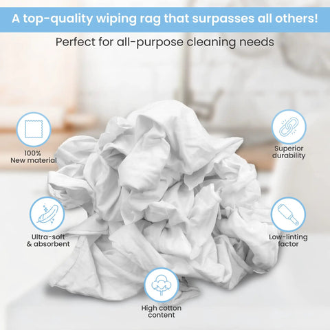 White Knit Wiping Cloths For Painting Staining And Cleaning, crumpled smooth white rags on table, highlighting absorbency and durability