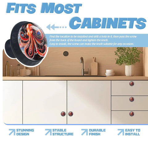Seriously Stunning Crystal Cabinet Knobs With A Bold Red Octopus Artwork in a kitchen setting, 35mm round glass design.