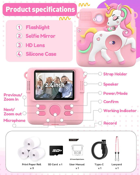 Kids Instant Print Camera Awesome Toy, 1080P HD Digital Camera For Girls Ages 3-8, 8MP Photos And Instant Black And White Prints, Easy Beginner Camera For Creative Play And School Projects. Pink unicorn kids camera with 2.4-inch screen and accessories