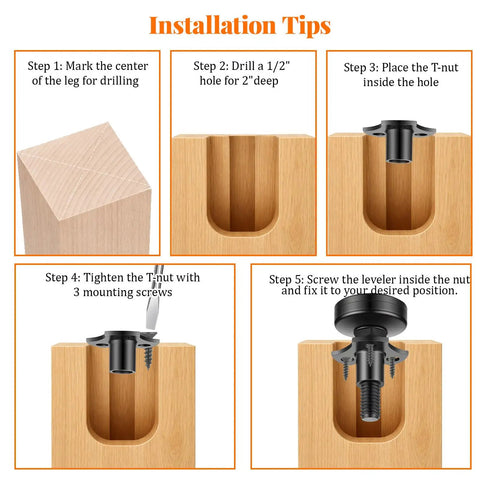 Installation tips for Built Tough Heavy Duty Adjustable Furniture Levelers With Three Eighths Inch Thread And Large Base, 3960 Lbs Capacity
