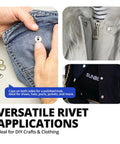 Hands installing a 120 Pcs Stainless Steel Snap Fasteners Kit 15 mm Marine Grade For Boat Canvas, Clothes, Jeans, DIY Craft And Outdoor Gear