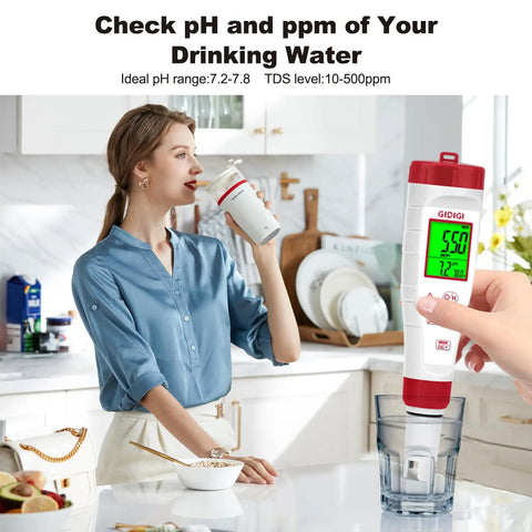 Woman using 4 In 1 Digital Water Tester with Backlit Display for pH TDS EC and Temperature in kitchen, testing water quality.