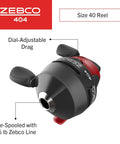 Two Pack Spincast Fishing Reels And Rod Combos With Five Foot Six Inch Two Piece Poles Size 30 And Size 40 Reels Right Hand Retrieve Pre Spooled With Ten Pound And Fifteen Pound Cajun Line Black And Red Easy Cast Beginner Friendly Setup size 40 reel with dial-adjustable drag