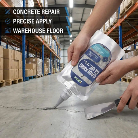 Tough As Nails Concrete Crack Filler With Marine Grade Silane Polymer Base in use on warehouse floor crack repair.