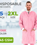 Pink Disposable Lab Coat 2XL Unisex SMS 45GSM Breathable With Snap Front And Knit Collar Cuffs displayed by a model in a clinic