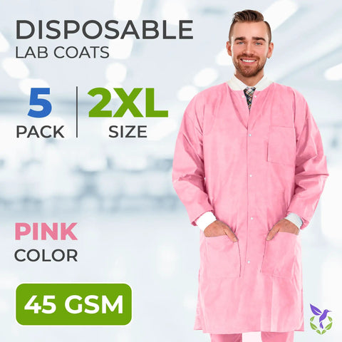 Pink Disposable Lab Coat 2XL Unisex SMS 45GSM Breathable With Snap Front And Knit Collar Cuffs displayed by a model in a clinic