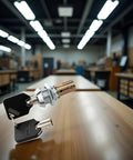 Close-up of 1 Set Tubular Lock And Key Set For Toolbox And Cabinet Drawers With Keys, shown on a wooden table.