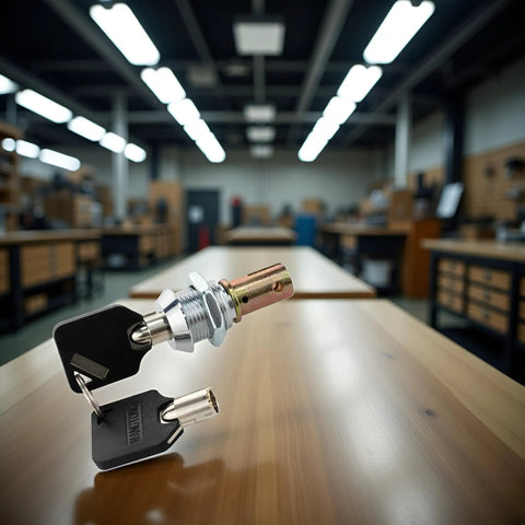 Close-up of 1 Set Tubular Lock And Key Set For Toolbox And Cabinet Drawers With Keys, shown on a wooden table.