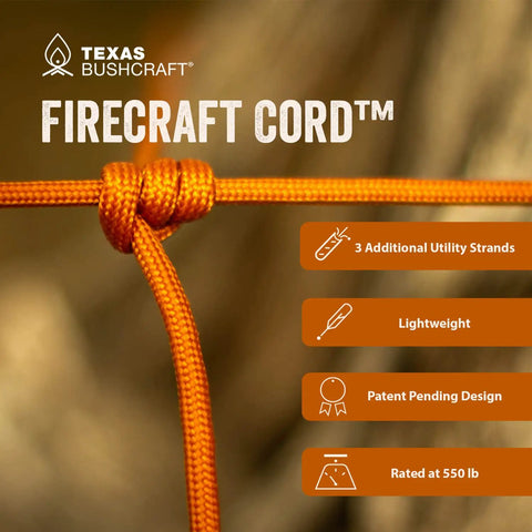 Firecraft Paracord Utility Rope With Three Extra Strands For Survival Gear, close-up of durable orange cord tied in a knot