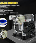 Oil Free Lab Vacuum Pump With Silencer, 50L Per Min Flow, Quiet Operation, displayed with accessories and dimensions