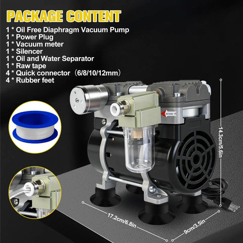 Oil Free Lab Vacuum Pump With Silencer, 50L Per Min Flow, Quiet Operation, displayed with accessories and dimensions