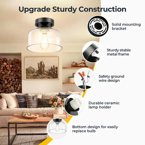 Solid Fit Clear Glass Semi Flush Mount Ceiling Light With Heavy Duty Metal Frame And Matte Black Finish Built To Last Great For Hallway Kitchen Or Bedroom Modern Farmhouse Decor That Really Sets The Vibe Bulbs Not Included, showcasing sturdy construction and design features.