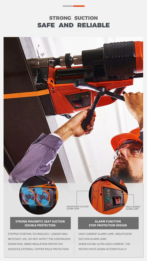 Heavy Duty Portable Magnetic Drill With Straight Up 2500W Power showing strong suction feature and alarm functions for safety.