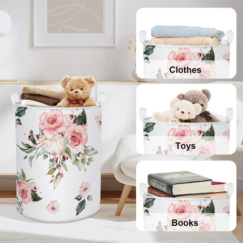 Blooming Pink Flowers Laundry Basket Round Hamper For Girls Room And Nursery Toy Storage Dirty Clothes Organizer Floral Pink Flower Design