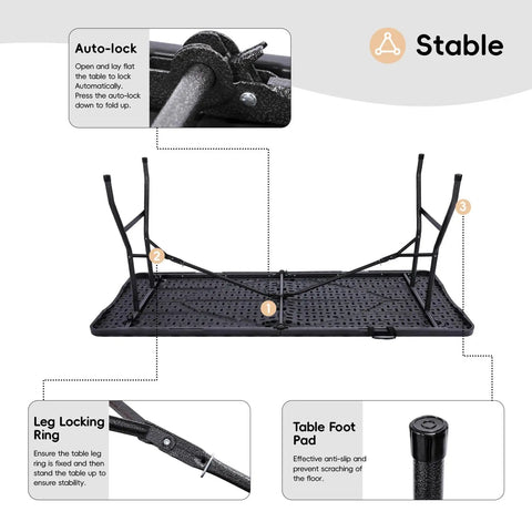 Underside view of black Foldable 6 Foot HDPE Table Go To Portable Banquet Surface with highlights on auto-lock, leg locking ring, table foot pad.