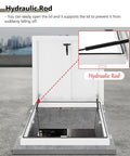 Rock Solid White Roof Access Hatch With Lockable Handle And Gas Struts Aluminum Galvanized Steel Maintenance Door showing hydraulic rod supporting the lid.
