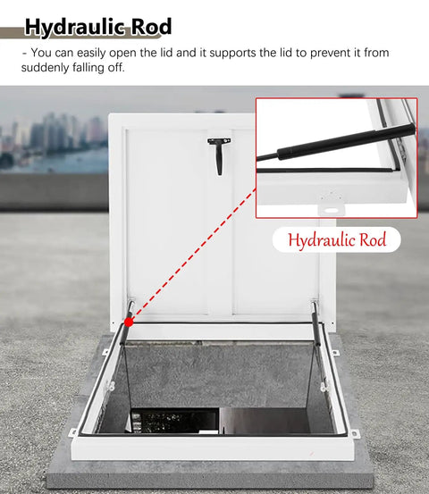 Rock Solid White Roof Access Hatch With Lockable Handle And Gas Struts Aluminum Galvanized Steel Maintenance Door showing hydraulic rod supporting the lid.