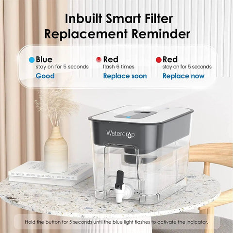 Mega Capacity Water Filter Dispenser With 40-Cup Pitcher And 200-Gallon Lifespan, BPA Free, on a kitchen table with smart filter reminder