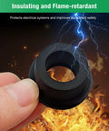 Close-up of black insulating top hat rubber grommet from 65 Pack Top Hat Rubber Grommets Assortment Kit For Wiring And Tubing.