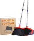 Extended Telescoping Broom And Dustpan Set With Adjustable Handle For Zero Bend Sweeping Heavy Duty Bristles with packaging.