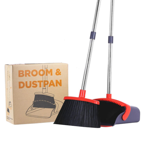 Extended Telescoping Broom And Dustpan Set With Adjustable Handle For Zero Bend Sweeping Heavy Duty Bristles with packaging.