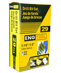 29 Piece Twist Drill Bit Set With Five Percent Cobalt M35 For Hardened Steel Cast Iron And Tough Metals Jobber Length Fully Ground Includes Sizes One Sixteenth To One Half Inch, packaged in yellow and black box.