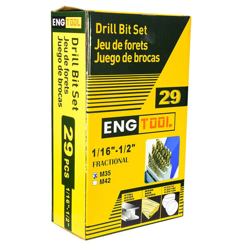 29 Piece Twist Drill Bit Set With Five Percent Cobalt M35 For Hardened Steel Cast Iron And Tough Metals Jobber Length Fully Ground Includes Sizes One Sixteenth To One Half Inch, packaged in yellow and black box.