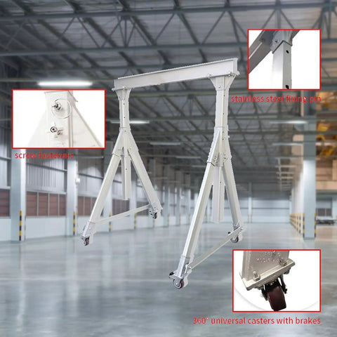 Pro Grade Lightweight Aluminum Gantry Crane, 2 Ton 4400 Lbs Capacity, showing screw fasteners, stainless steel fixing pin, and 360° casters.