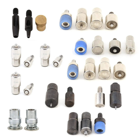 Assorted dies and components for Pro Grade Hand Press Tool For Grommets, Rivets, Eyelets And Snap Buttons Self Cover Fabric Button Machine Kit.