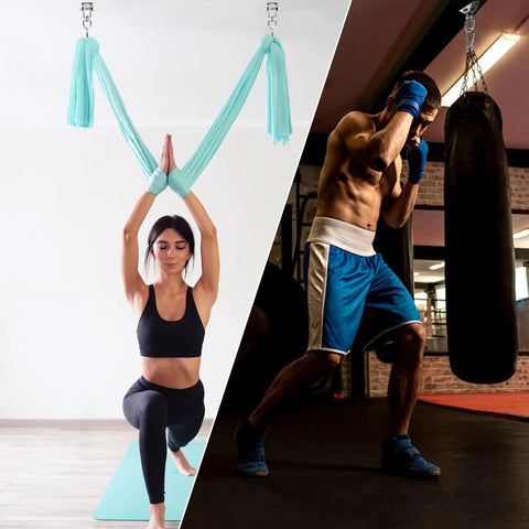 Two Pack Swing Hanger Set 304 Stainless Steel Beefy Heavy Duty Ceiling Mount Swivel Hooks 1763 Lbs Capacity For Hammock Chair Yoga Punching Bag Indoor Outdoor in action, showcasing yoga and boxing setups.