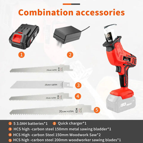 Combination accessories for Compact Cordless Reciprocating Saw Kit With Dual Lithium Ion Batteries and Easy Blade Swap.