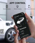 Heavy Duty Electric Vehicle Charger Built For Tesla Level 1 And 2 J1772 Portable Wall Mount With Wi Fi App Control 32 Amp 25 Foot Cord ETL Certified with app screen.
