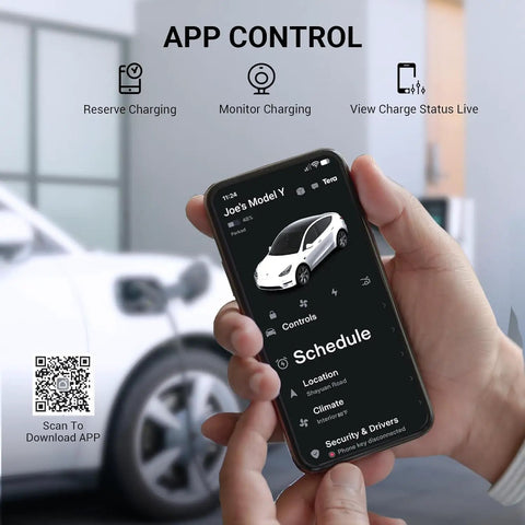 Heavy Duty Electric Vehicle Charger Built For Tesla Level 1 And 2 J1772 Portable Wall Mount With Wi Fi App Control 32 Amp 25 Foot Cord ETL Certified with app screen.