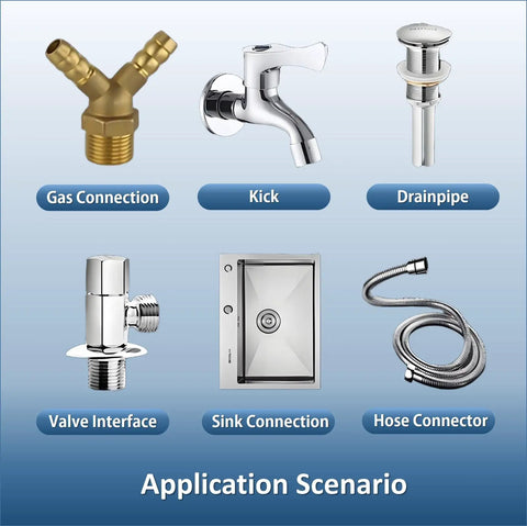 Plumbing connections including gas, valve, sink, hose connector shown for PTFE Thread Seal Tape 4 Pack High Density Leakproof Plumbing Tape White For Pipes And Faucets DIY Friendly Waterproof And Heat Resistant From Minus 200 C To 250 C Half Inch By 394 Inches Each