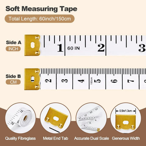 Two Pack Soft Flexible Retractable Tape Measure Set For Body Measurements, Sewing And Fabric, Tailor And DIY Projects, Mini Dual Sided Inches And Centimeters, Black Quick Retract And White Classic Tape, Grab And Go Pro Grade Handy Tool image showing dual-sided tape with metal end tab.