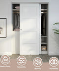 Installed aluminum bypass sliding closet door hardware set for two panels with finger pull, 60 inch track, supports up to 150 lbs.
