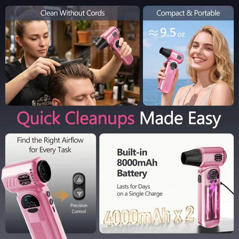 Powerful Cordless Air Duster In Pink With Rechargeable 8000mAh Battery And Adjustable Speed LED Light 150000 RPM