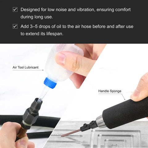 Hand applying lubricant to air tool for Air Powered 0.7mm Stroke Reciprocating Profiler For Precision Polishing