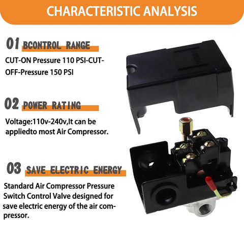 Air Compressor Pressure Switch Control Valve Kit 110V-240V with black casing and control components, shown from above.