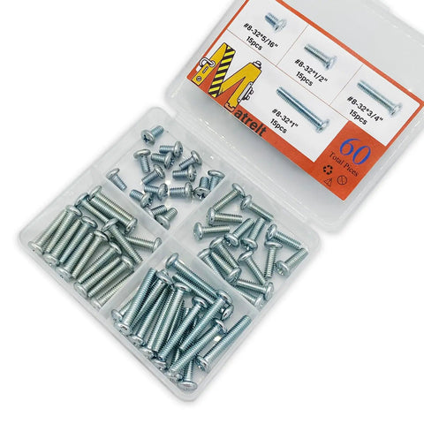Open box of 60 Piece Set Of Machine Screws Size Eight Thirty Two Thread Assortment Kit With Phillips Pan Head In Four Lengths