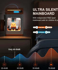 Plug And Play Beginner Friendly Open Source 3D Printer With WiFi Cloud Printing on a nightstand, showing ultra silent mainboard and noise levels.