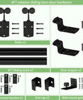 Exterior Sliding Barn Door Hardware Track Kit With 96 Inch Black Track, Heavy Duty 500 Lb Capacity, Weatherproof Wall Mount System For Outdoor Use, Includes Five Brackets, Door Not Included, shown with components and brackets.