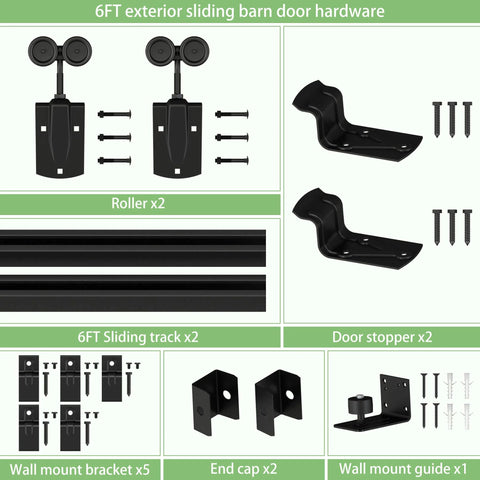 Exterior Sliding Barn Door Hardware Track Kit With 96 Inch Black Track, Heavy Duty 500 Lb Capacity, Weatherproof Wall Mount System For Outdoor Use, Includes Five Brackets, Door Not Included, shown with components and brackets.