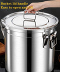 Knockout 26 Gallon Airtight Bulk Food Storage Bucket Rock Solid 304 Stainless Steel Canister With Secure Locking Lid and easy-lift handle.