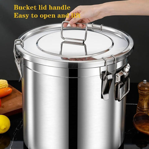 Knockout 26 Gallon Airtight Bulk Food Storage Bucket Rock Solid 304 Stainless Steel Canister With Secure Locking Lid and easy-lift handle.